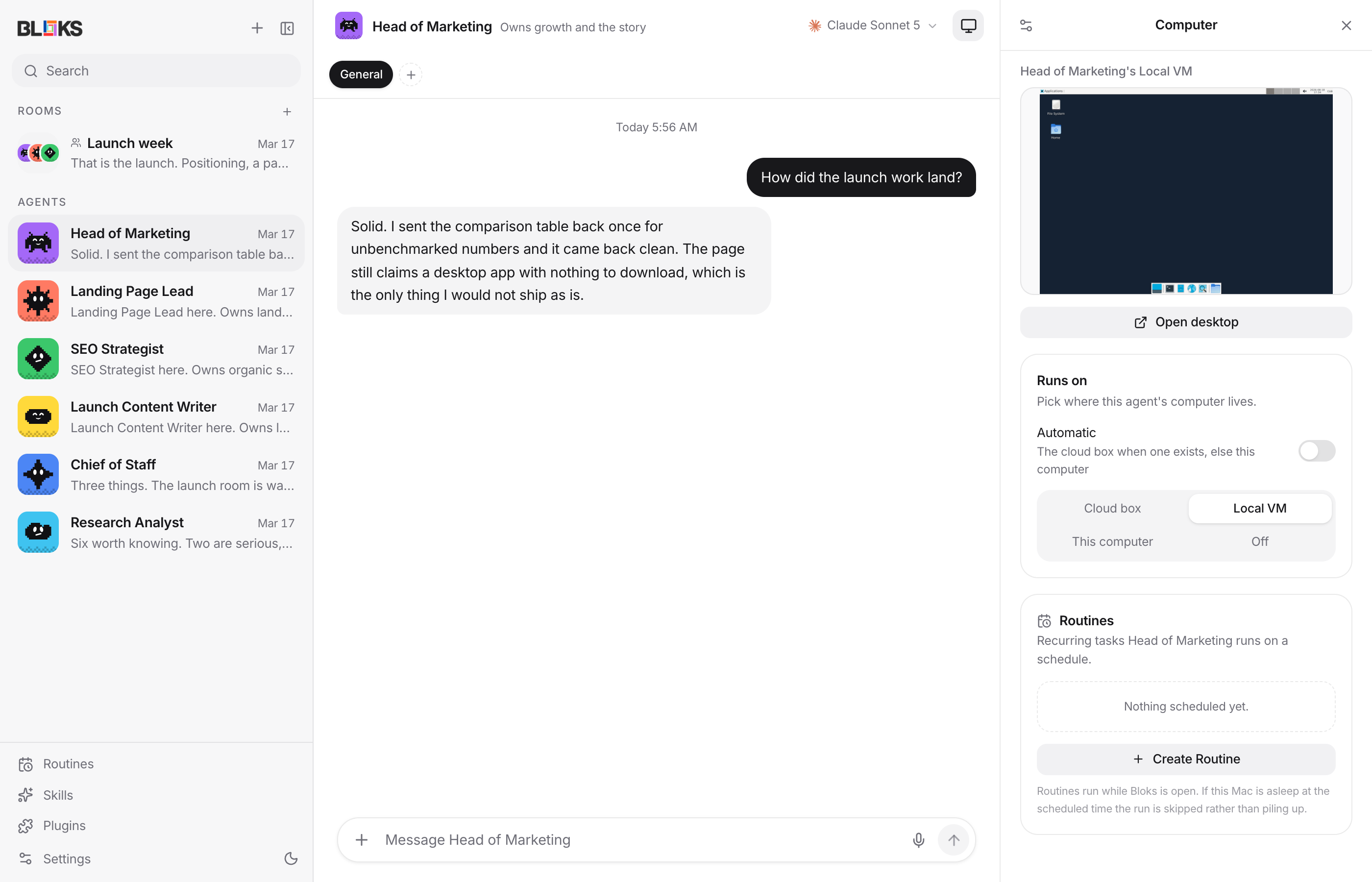 The Bloks Mac app: a sidebar of agents and a room called Launch week mid-conversation