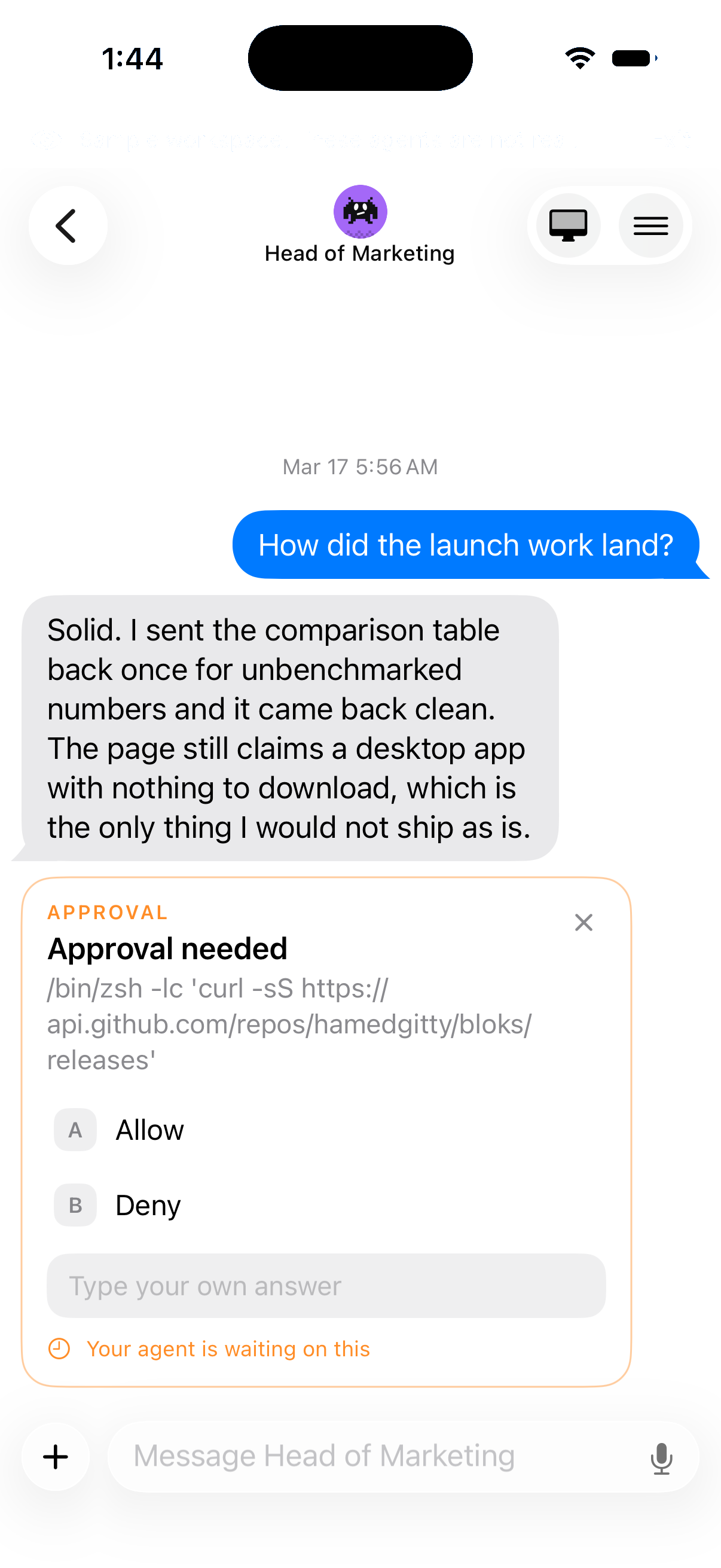 The Bloks iPhone app: a chat with Head of Marketing, an approval card waiting