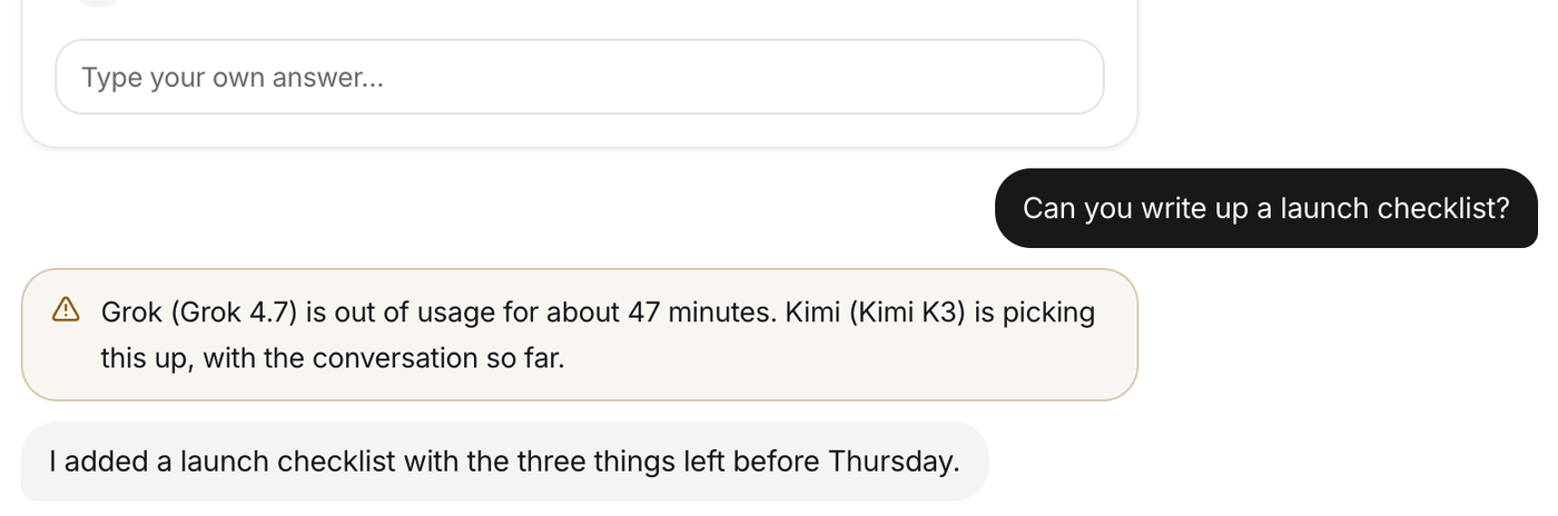A note in the chat: Grok is out of usage for about 47 minutes, Kimi is picking this up, with the conversation so far