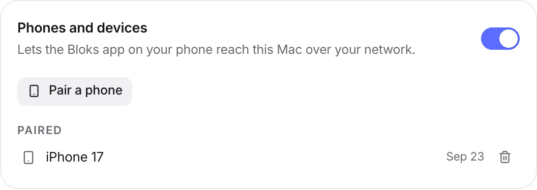 Phones and devices listing the paired iPhone, with a bin icon to unpair it