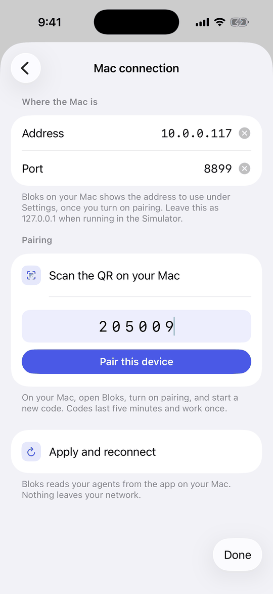 Mac connection with an address, a port and a six digit code entered, and the Pair this device button lit