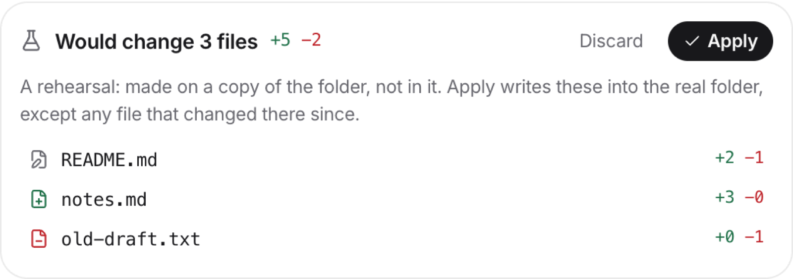 A rehearsal card: Would change 3 files, with Discard and Apply buttons