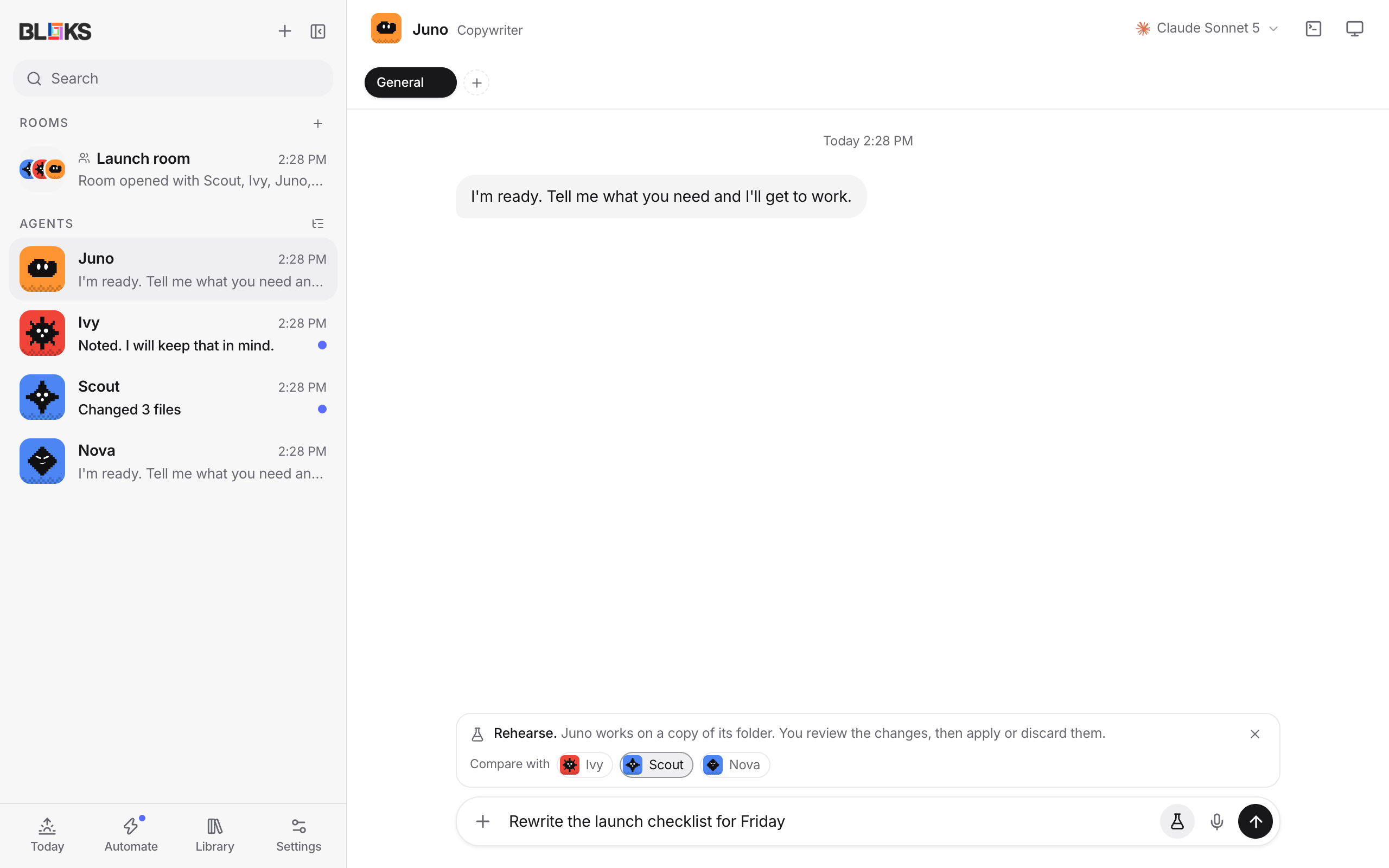 The Rehearse bar above the message box, with Scout picked under Compare with