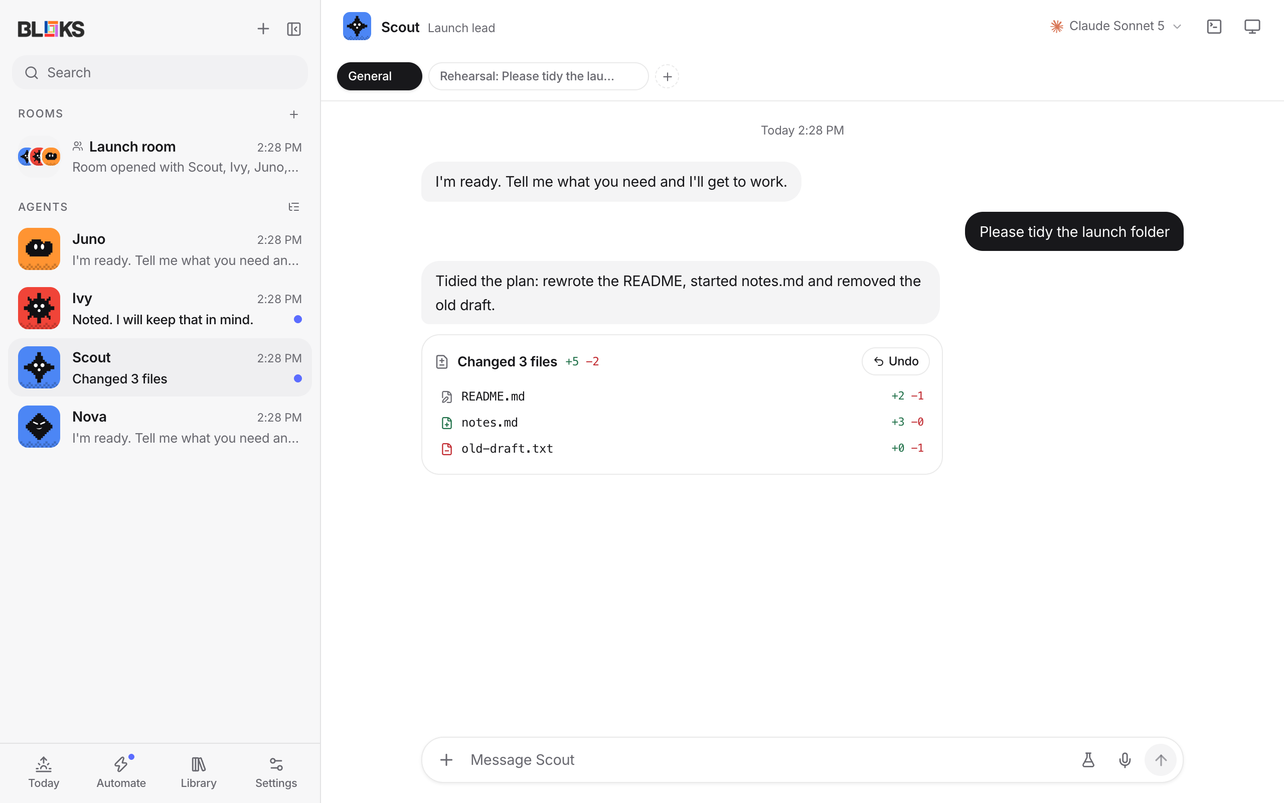 Bloks open in Chrome through Bloks Cloud, with the agent list and a chat