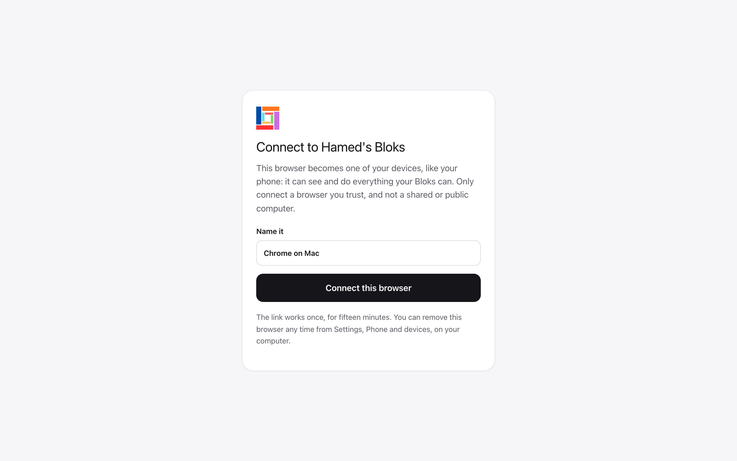 Connect to Hamed's Bloks: a name field set to Chrome on Mac and a Connect this browser button